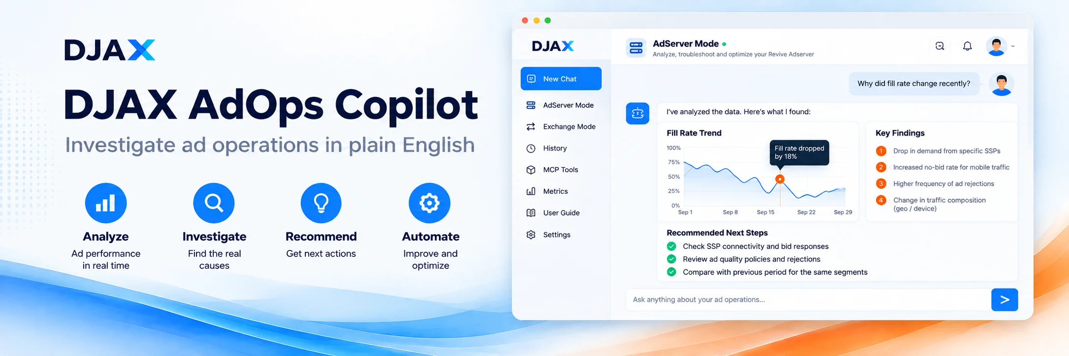 DJAX AdOps Copilot — AI assistant for ad operations, conversational interface showing fill rate trend and recommended next steps