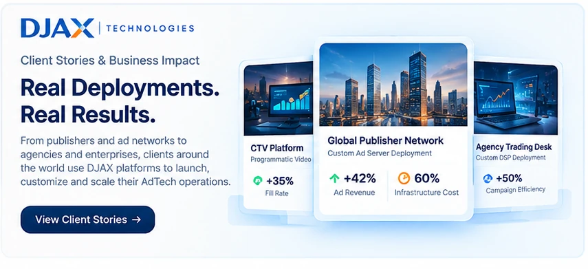 DJAX Client Stories and Business Impact: CTV platform, global publisher network and agency trading desk deployments